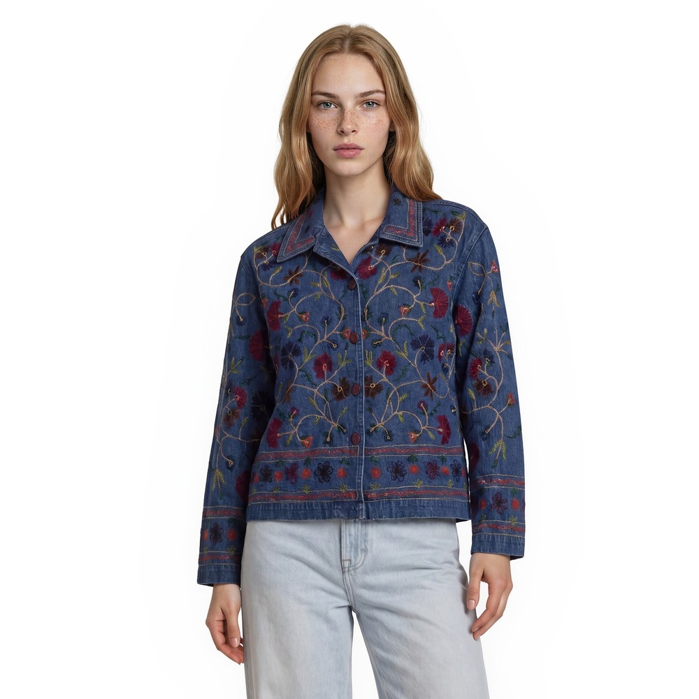 Units Embroidered Denim 100% Cotton Jacket Women's Medium Blue Floral Vintage